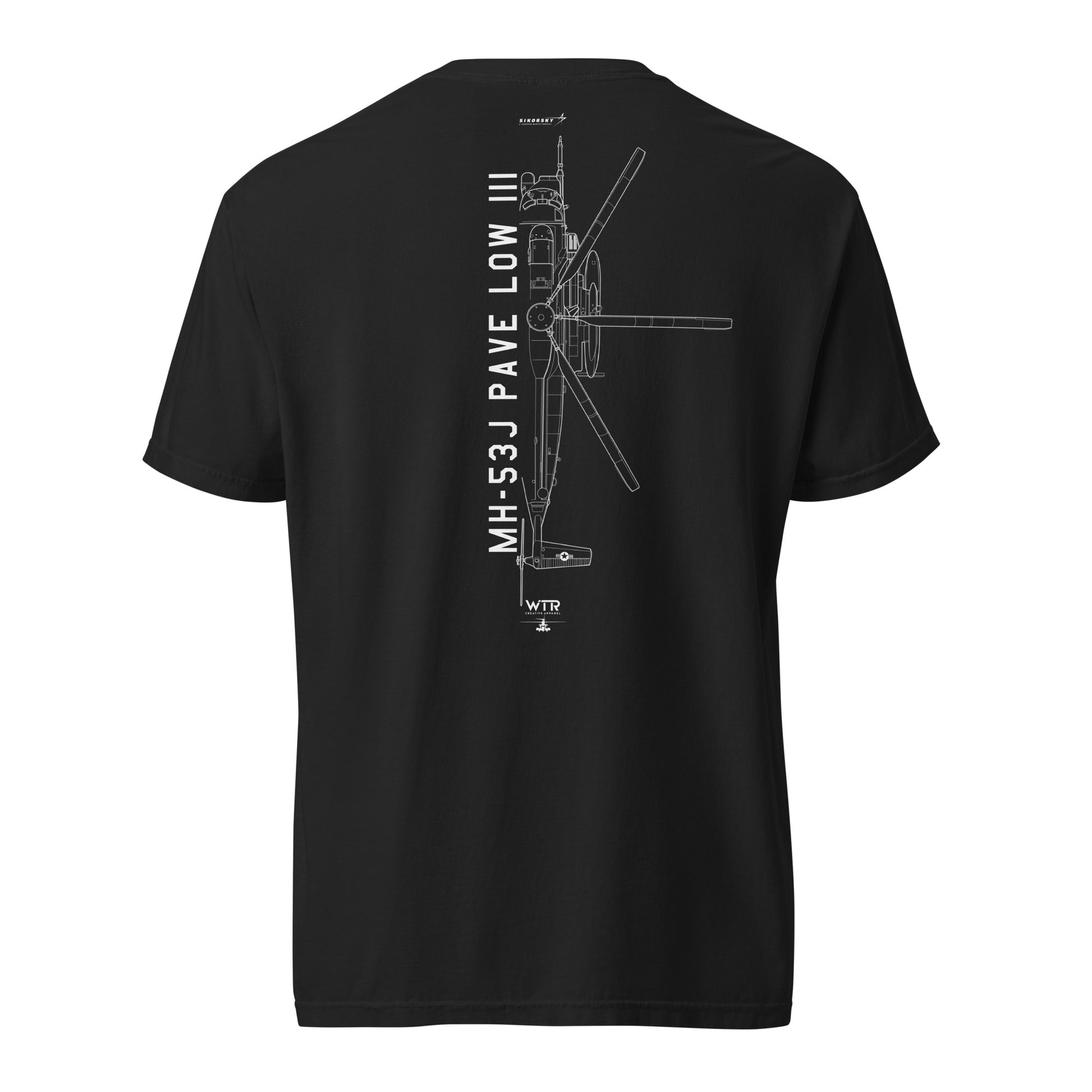 Hand-drawn schematic of the SIKORSKY MH-53J PAVE LOW printed on a standard T-shirt.