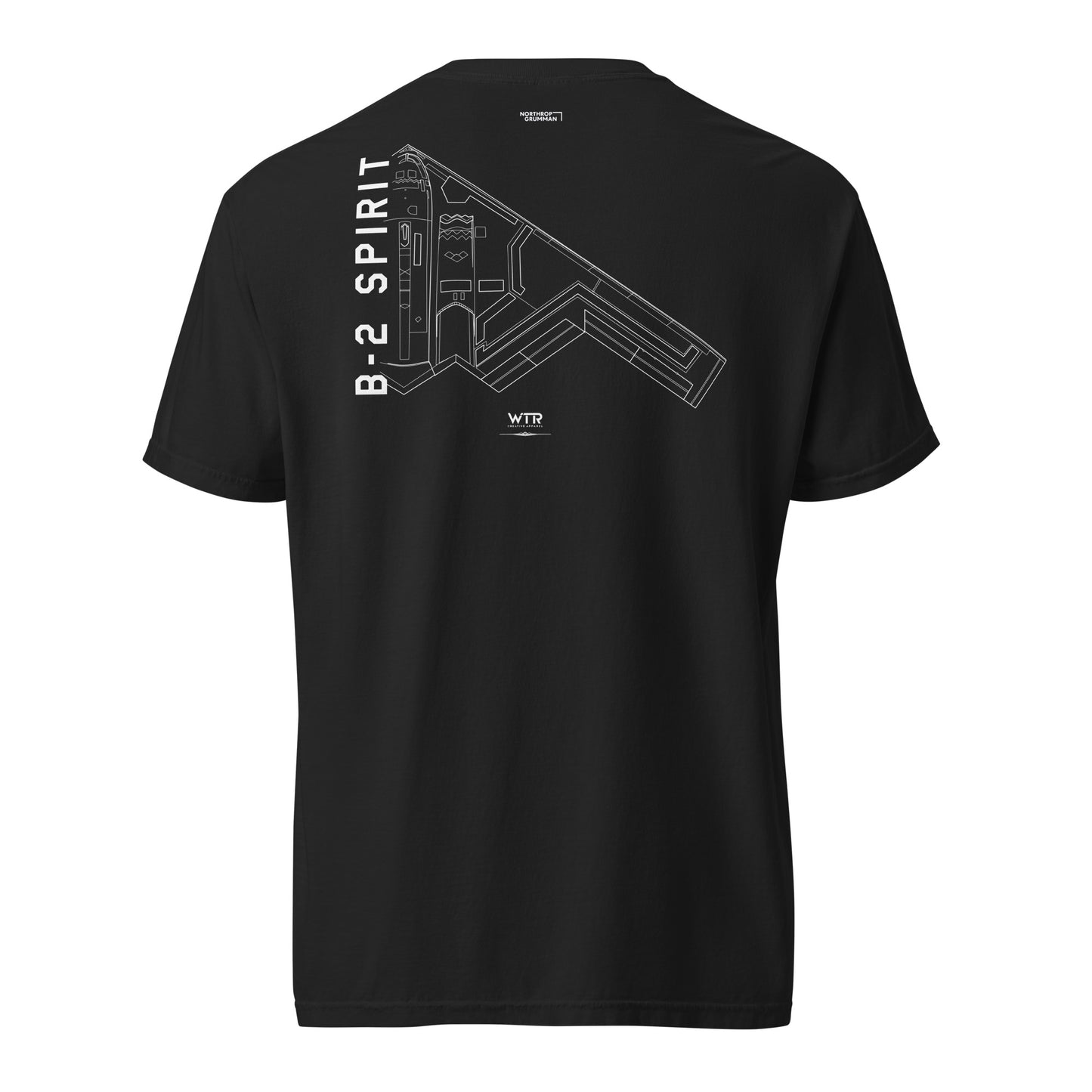 Hand-drawn technical schematic of the Northrop Grumman B-2 Spirit stealth bomber printed on a standard t-shirt.