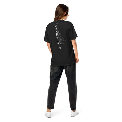 Hand-drawn technical schematic of the Sukhoi SU-34 Fullback fighter-bomber printed on a standard t-shirt.