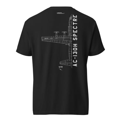 Hand-drawn schematic of the LOCKHEED MARTIN AC-130H SPECTRE GUNSHIP printed on a standard T-shirt.