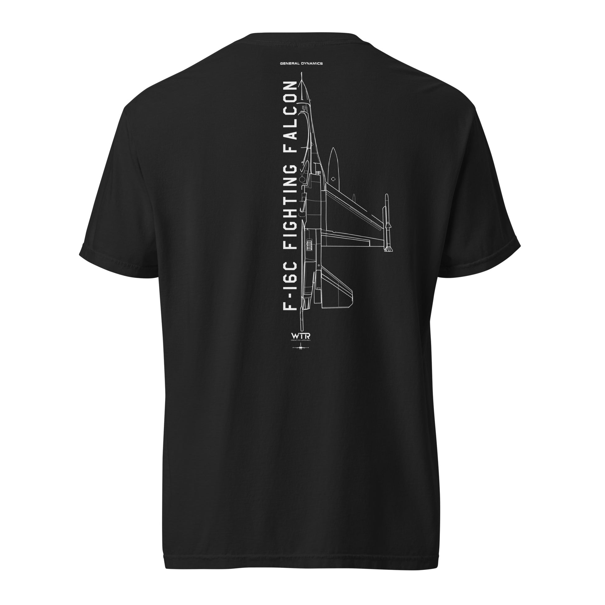 Hand-drawn schematic of the GENERAL DYNAMICS F-16C FIGHTING FALCON BLOCK 52 printed on a standard T-shirt.