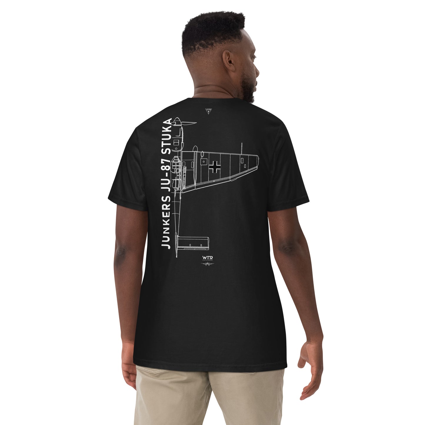 Hand-drawn schematic of the JUNKERS JU-87 STUKA DIVE BOMBER printed on a standard T-shirt.