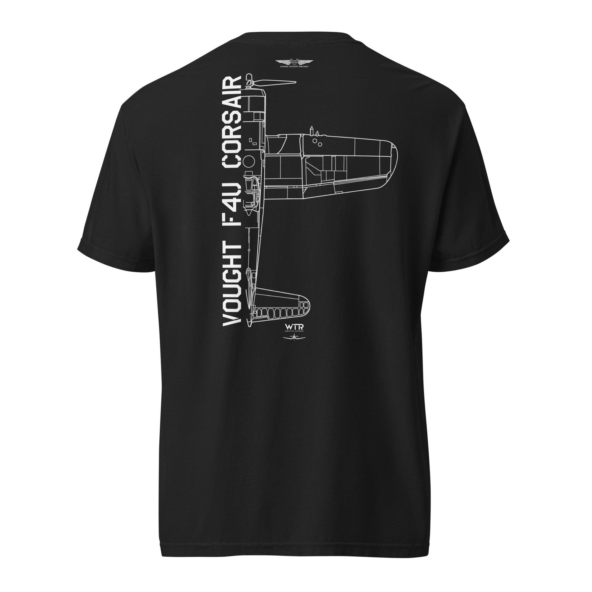VOUGHT F4U CORSAIR - US NAVY WWII PACIFIC THEATRE FIGHTER — hand-drawn artwork printed on standard T-shirt; US Navy, Pacific Theatre.