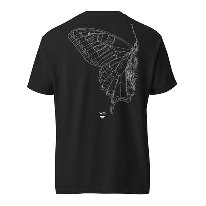 Hand-drawn schematic of the PAPILIO MACHAON OLD WORLD SWALLOWTAIL BUTTERFLY printed on a standard T-shirt.
