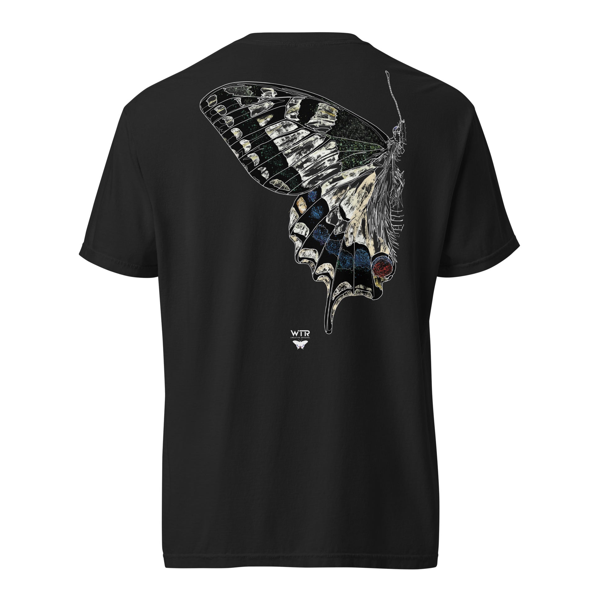 Hand-drawn schematic of the PAPILIO MACHAON OLD WORLD SWALLOWTAIL BUTTERFLY Coloured printed on a standard T-shirt.