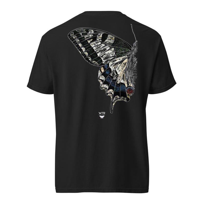 Hand-drawn coloured schematic of the Papilio Machaon Old World Swallowtail Butterfly printed on a standard t-shirt.