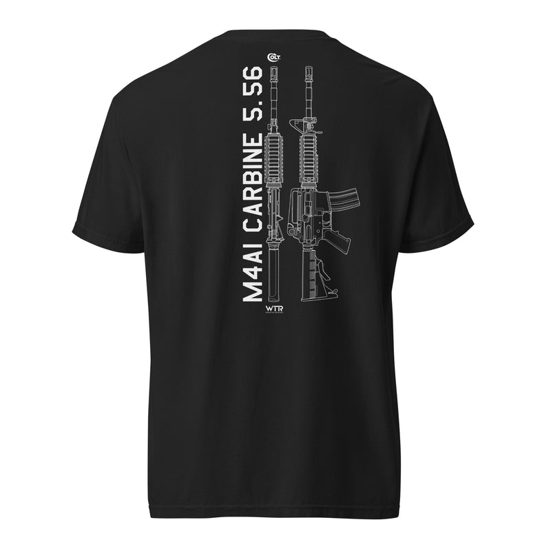 Hand-drawn technical schematic of the Colt M4A1 US Infantry battle rifle printed on a standard t-shirt.