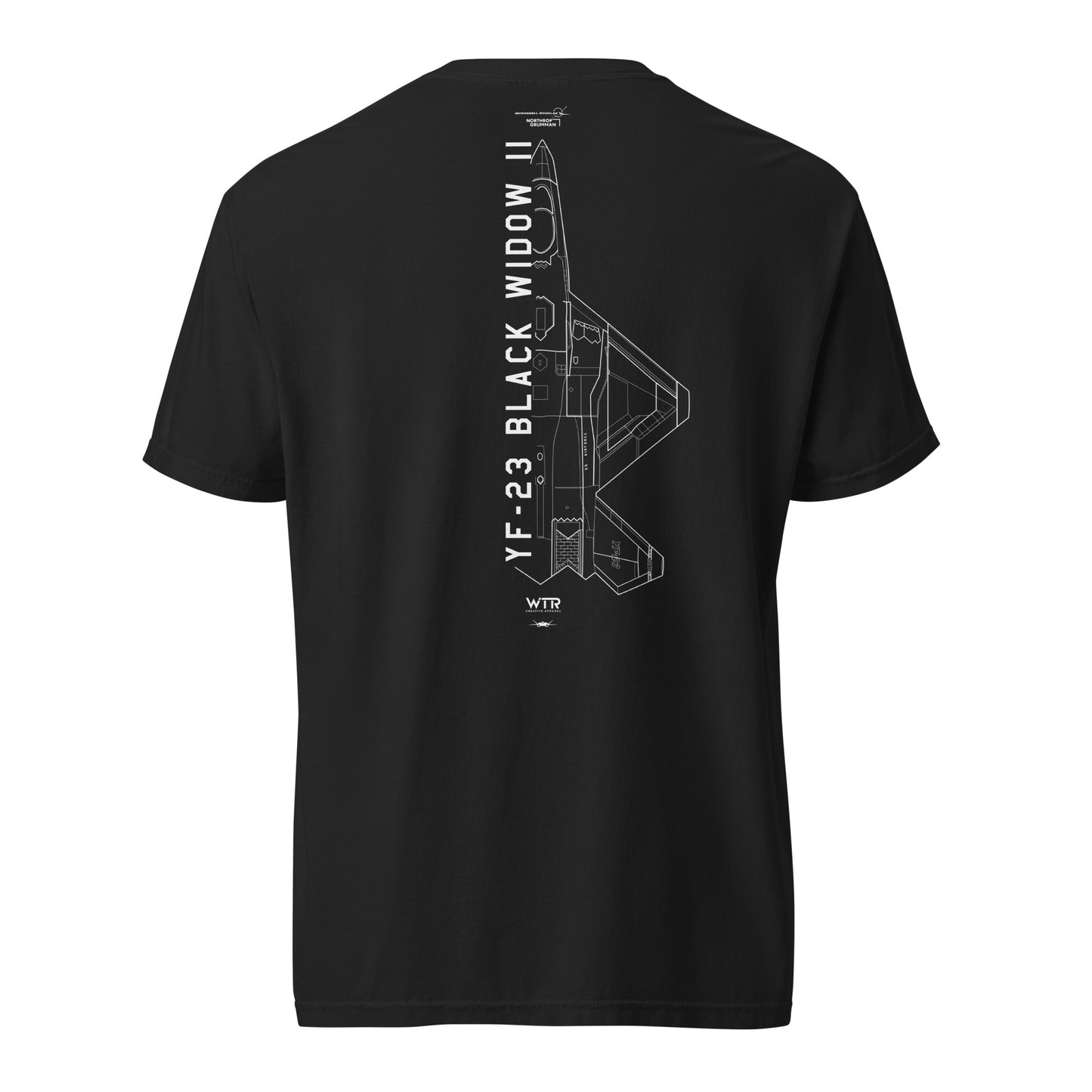 Hand-drawn schematic of the Northrop YF-23 Black Widow II stealth prototype fighter printed on a standard t-shirt.