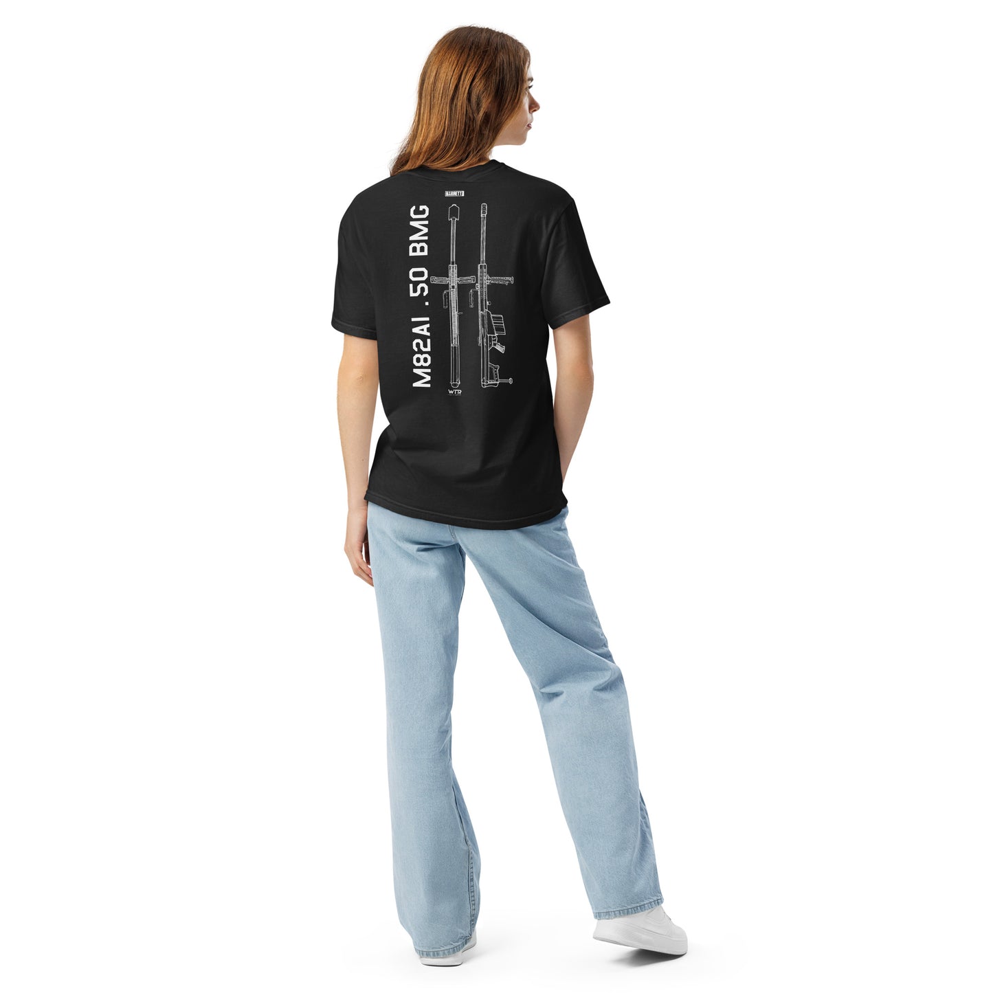 Hand-drawn schematic of the BARRETT M82A1.50 BMG printed on a standard T-shirt.