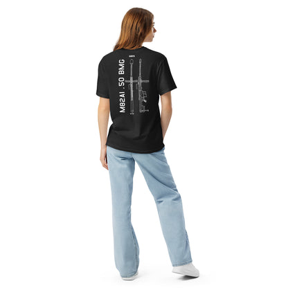 Hand-drawn schematic of the BARRETT M82A1.50 BMG printed on a standard T-shirt.