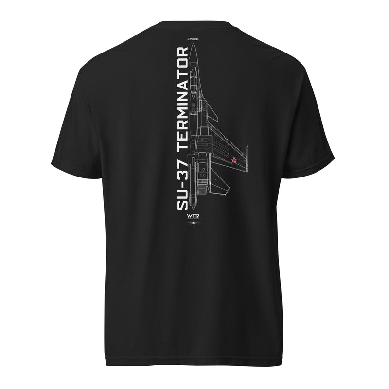 Hand-drawn technical schematic of the Sukhoi SU-37 Terminator air superiority fighter printed on a standard t-shirt.