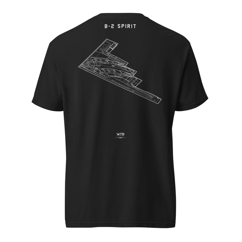 Hand-drawn technical profile of the Northrop Grumman B-2 Spirit stealth bomber special edition design on a standard t-shirt.
