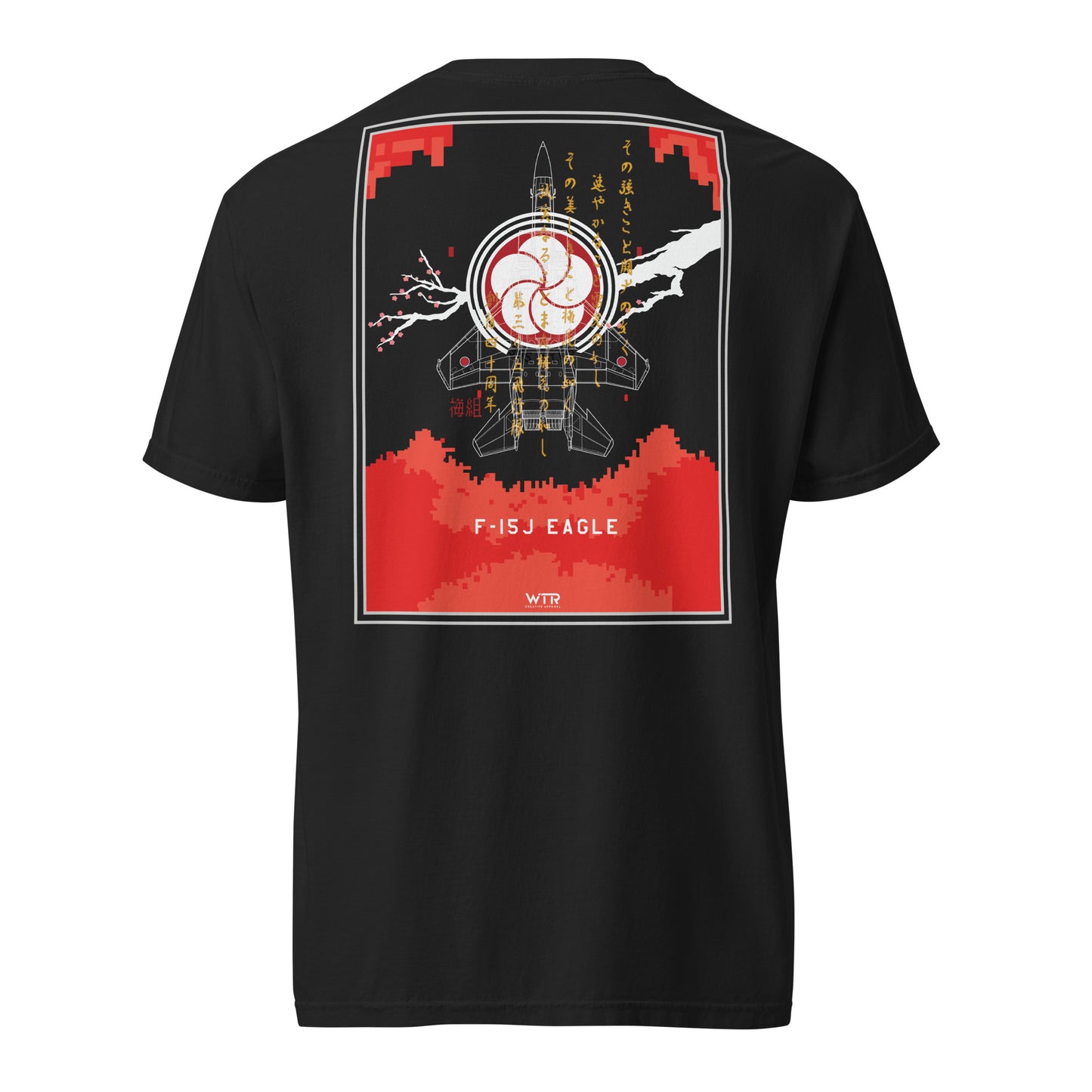 Hand-drawn schematic of the MITSUBISHI F-15J 305TH TACTICAL FIGHTER SQUADRON 40 YEARS printed on a standard T-shirt.