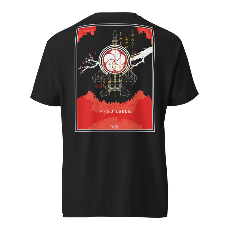 Hand-drawn schematic of the MITSUBISHI F-15J 305TH TACTICAL FIGHTER SQUADRON 40 YEARS printed on a standard T-shirt.