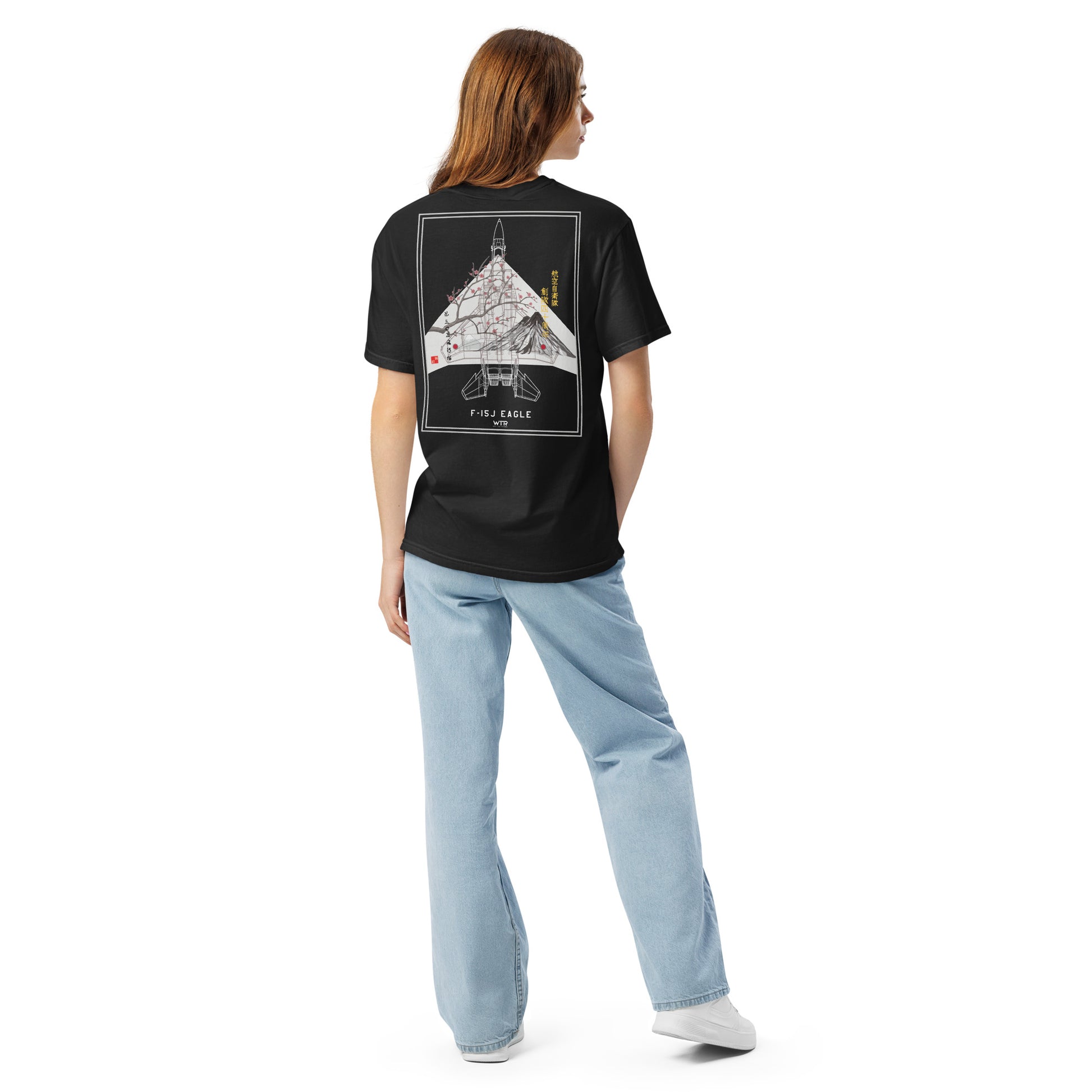 Hand-drawn schematic of the Mitsubishi F-15J Eagle 305th Tactical Fighter Squadron 50 Years livery on a standard t-shirt.