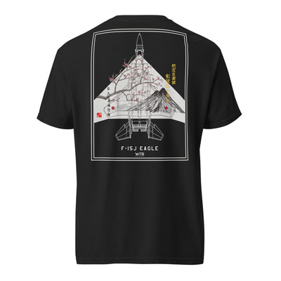 Hand-drawn schematic of the Mitsubishi F-15J Eagle 305th Tactical Fighter Squadron 50 Years livery on a standard t-shirt.