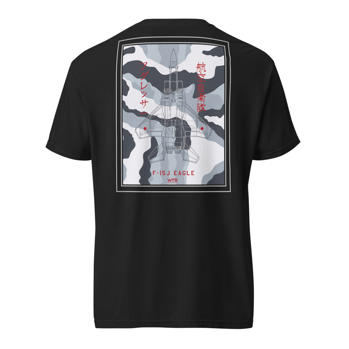 Hand-drawn schematic of the Mitsubishi F-15J Eagle Aggressor Camouflage livery printed on a standard classic-fit t-shirt.