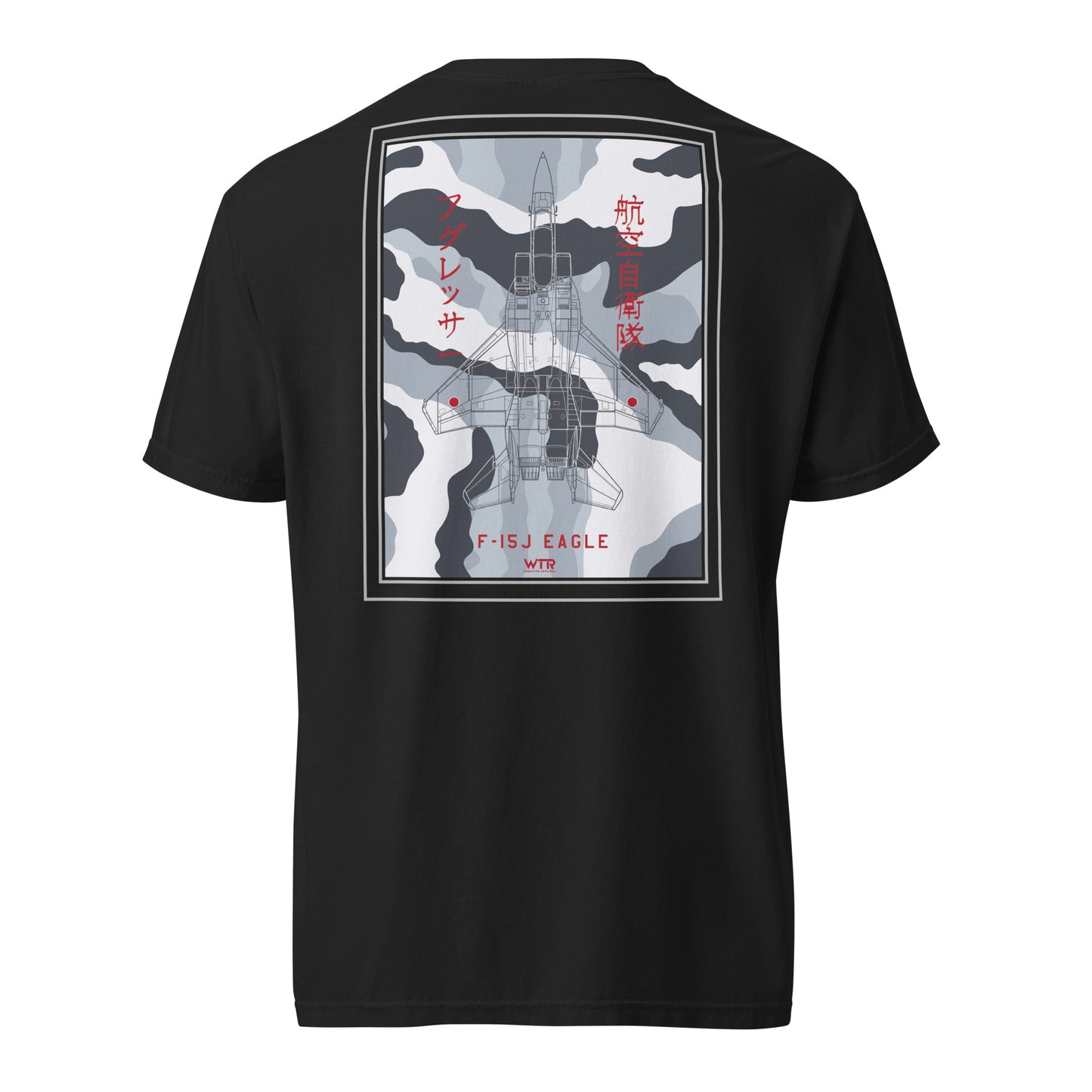 Hand-drawn schematic of the Mitsubishi F-15J Eagle Aggressor Camouflage livery printed on a standard classic-fit t-shirt.