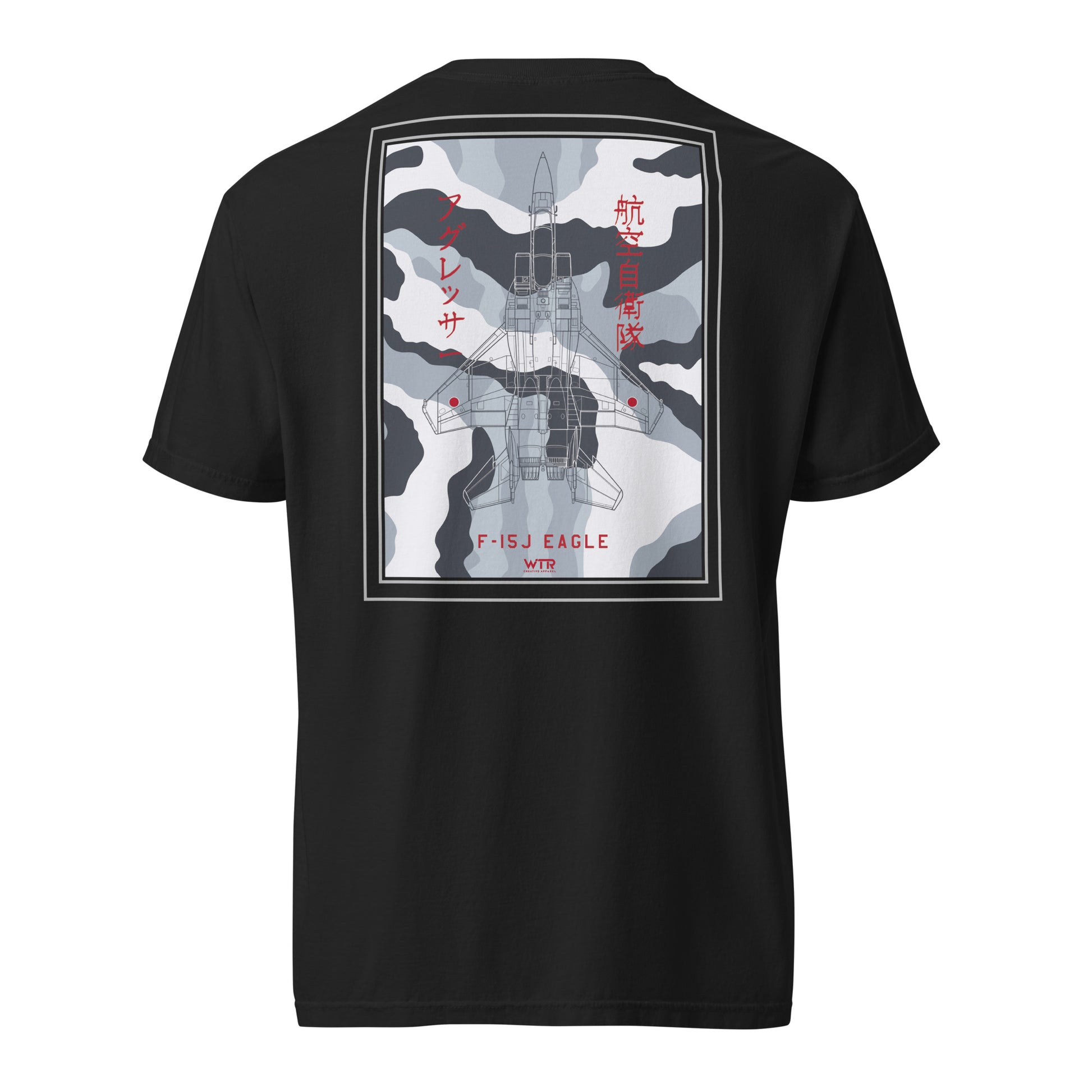 Hand-drawn schematic of the Mitsubishi F-15J Eagle Aggressor Camouflage livery printed on a standard classic-fit t-shirt.