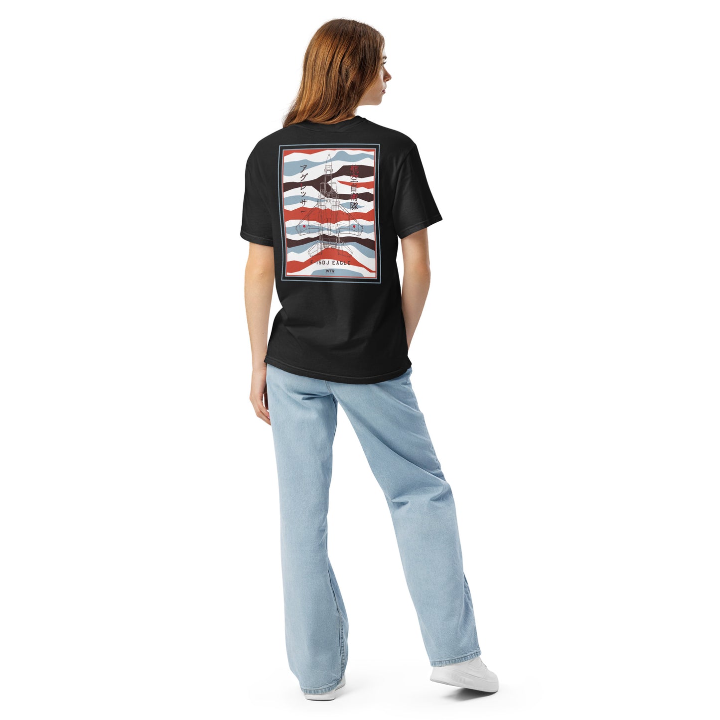 Hand-drawn schematic of the Mitsubishi F-15DJ Eagle Aggressor Minokasago Lionfish livery printed on a standard t-shirt.