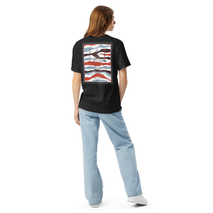 Hand-drawn schematic of the Mitsubishi F-15DJ Eagle Aggressor Minokasago Lionfish livery printed on a standard t-shirt.