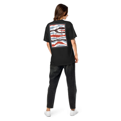 Hand-drawn schematic of the Mitsubishi F-15DJ Eagle Aggressor Minokasago Lionfish livery printed on a standard t-shirt.
