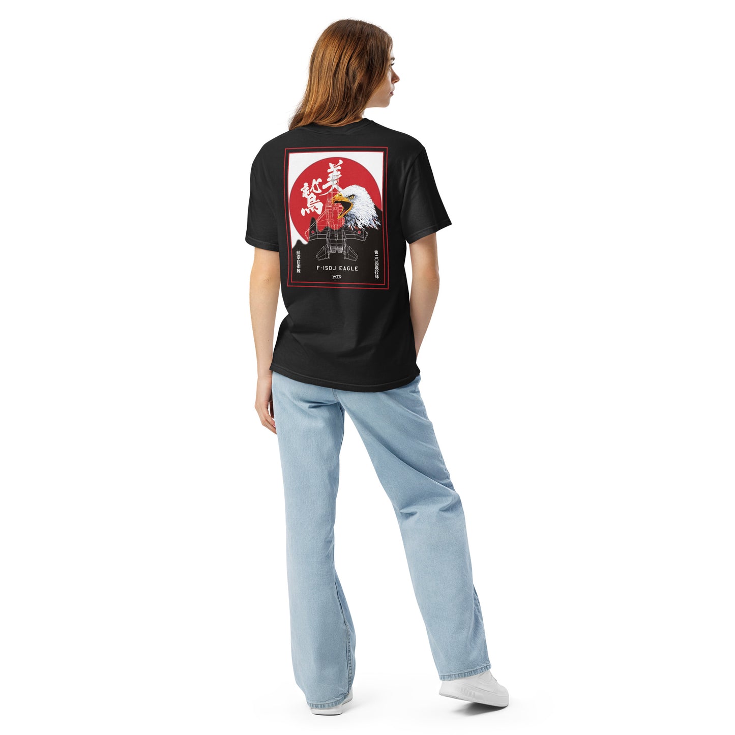 Hand-drawn schematic of the Mitsubishi F-15J Eagle 204th Tactical Fighter Squadron 2024 Churashima Air Fiesta on a standard t-shirt.