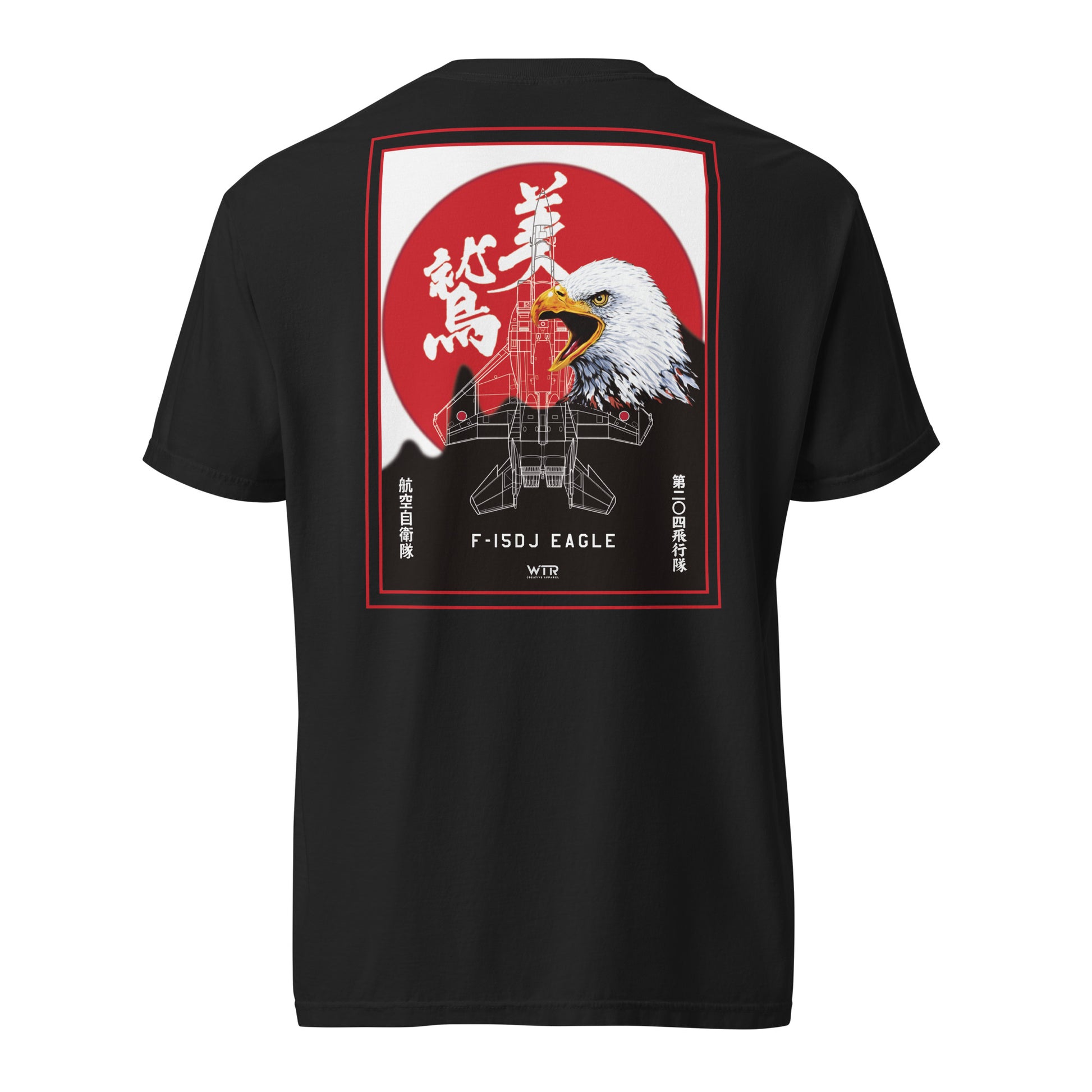 Hand-drawn schematic of the Mitsubishi F-15J Eagle 204th Tactical Fighter Squadron 2024 Churashima Air Fiesta on a standard t-shirt.