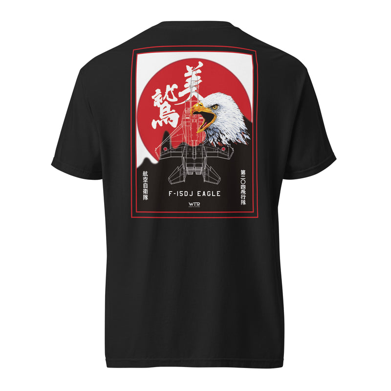 Hand-drawn schematic of the Mitsubishi F-15J Eagle 204th Tactical Fighter Squadron 2024 Churashima Air Fiesta on a standard t-shirt.
