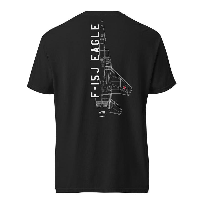 Hand-drawn technical schematic edition of the Mitsubishi F-15J Eagle JSDAF fighter jet printed on a standard t-shirt.