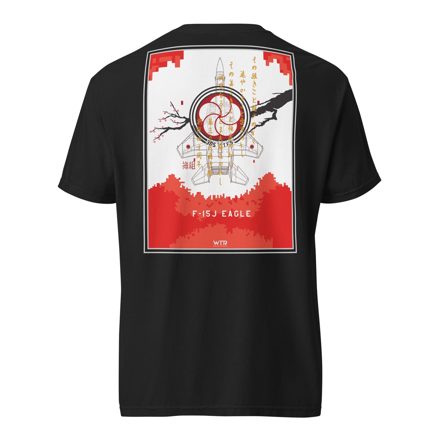 Hand-drawn schematic of the Mitsubishi F-15J Eagle 305th Tactical Fighter Squadron 40 Years livery on a standard t-shirt.
