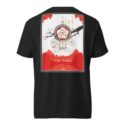 Hand-drawn schematic of the Mitsubishi F-15J Eagle 305th Tactical Fighter Squadron 40 Years livery on a standard t-shirt.