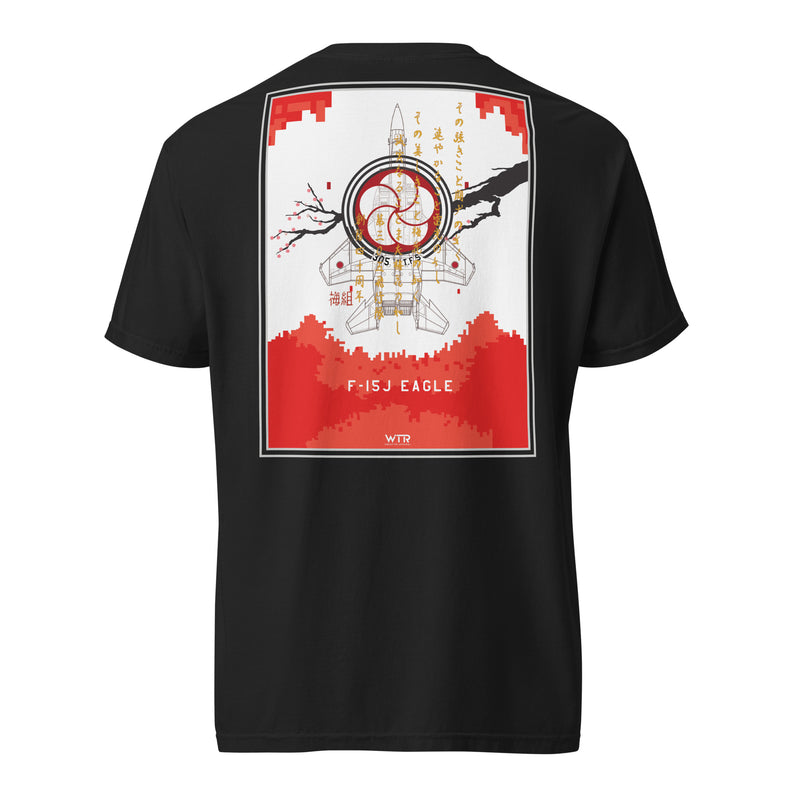 Hand-drawn schematic of the Mitsubishi F-15J Eagle 305th Tactical Fighter Squadron 40 Years livery on a standard t-shirt.