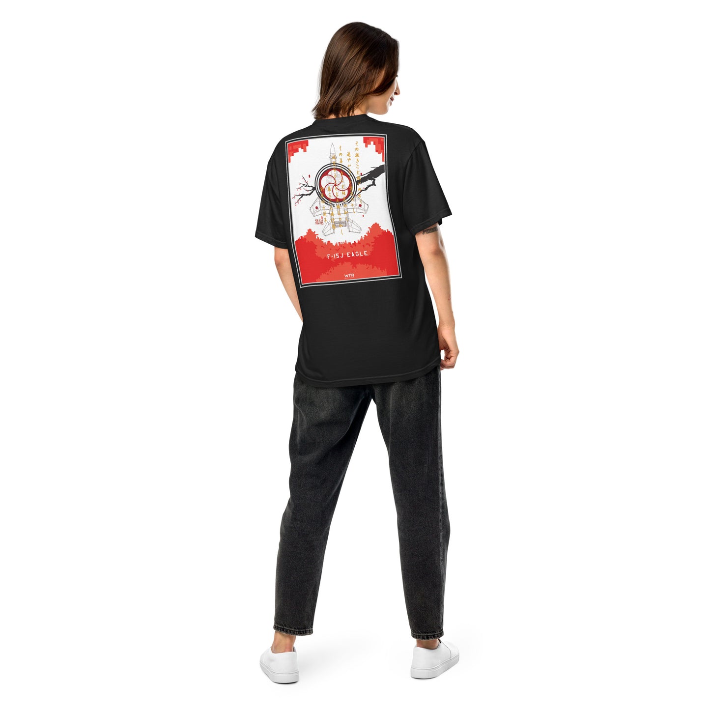 Hand-drawn schematic of the Mitsubishi F-15J Eagle 305th Tactical Fighter Squadron 40 Years livery on a standard t-shirt.