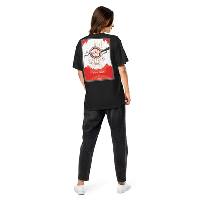 Hand-drawn schematic of the Mitsubishi F-15J Eagle 305th Tactical Fighter Squadron 40 Years livery on a standard t-shirt.
