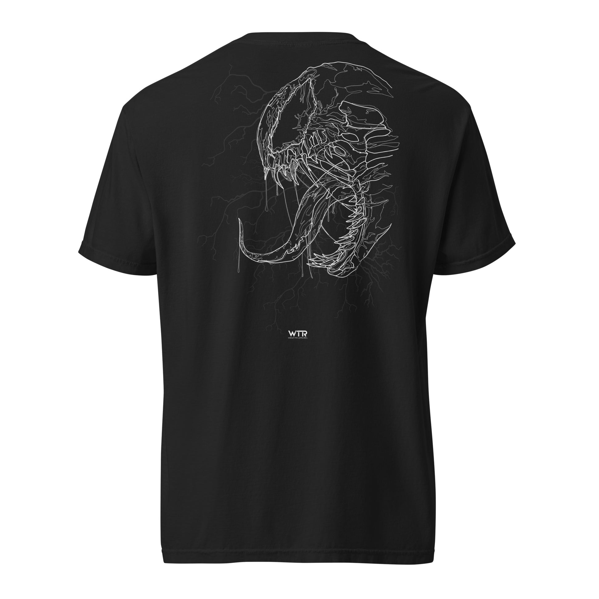 Hand-drawn technical profile of a Venom-inspired monster symbiote anti-hero design printed on a standard t-shirt.