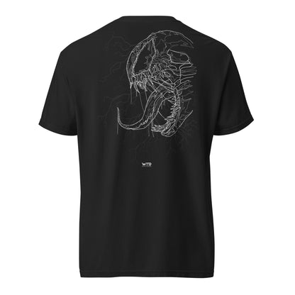 Hand-drawn technical profile of a Venom-inspired monster symbiote anti-hero design printed on a standard t-shirt.