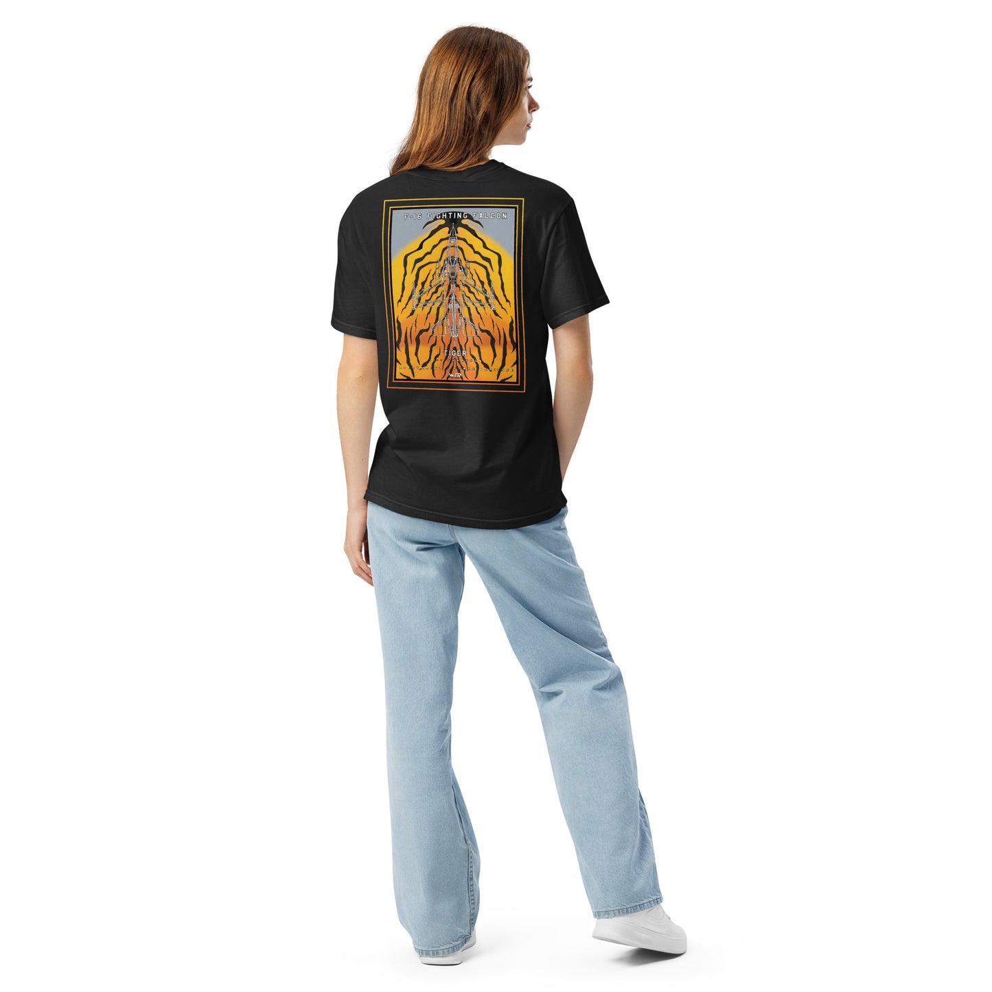 Hand-drawn schematic of the F-16 Belgian Air Force 31st Tiger Squadron 65th Anniversary livery on a standard t-shirt.