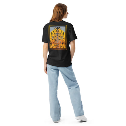 Hand-drawn schematic of the F-16 Belgian Air Force 31st Tiger Squadron 65th Anniversary livery on a standard t-shirt.