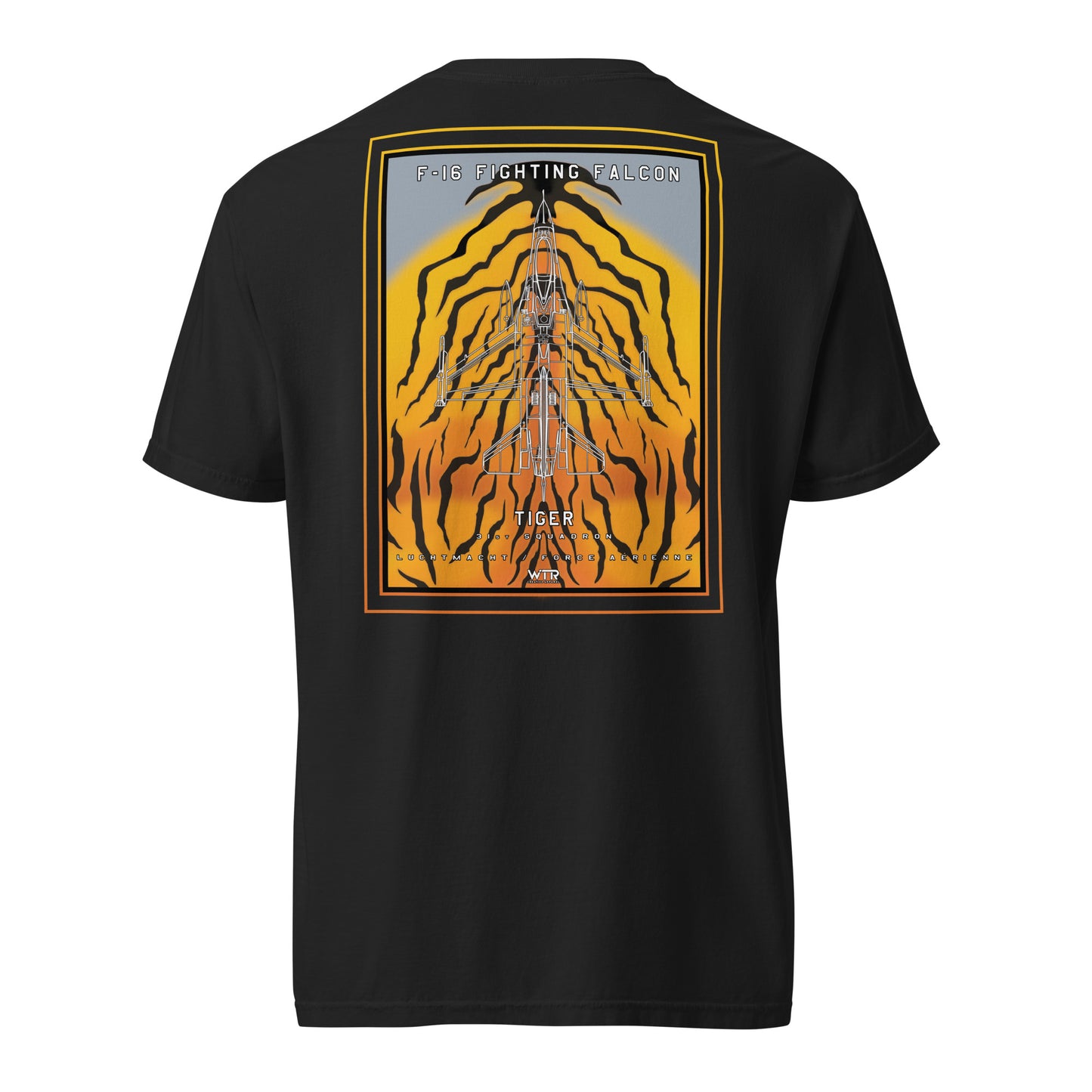 Hand-drawn schematic of the F-16 Belgian Air Force 31st Tiger Squadron 65th Anniversary livery on a standard t-shirt.