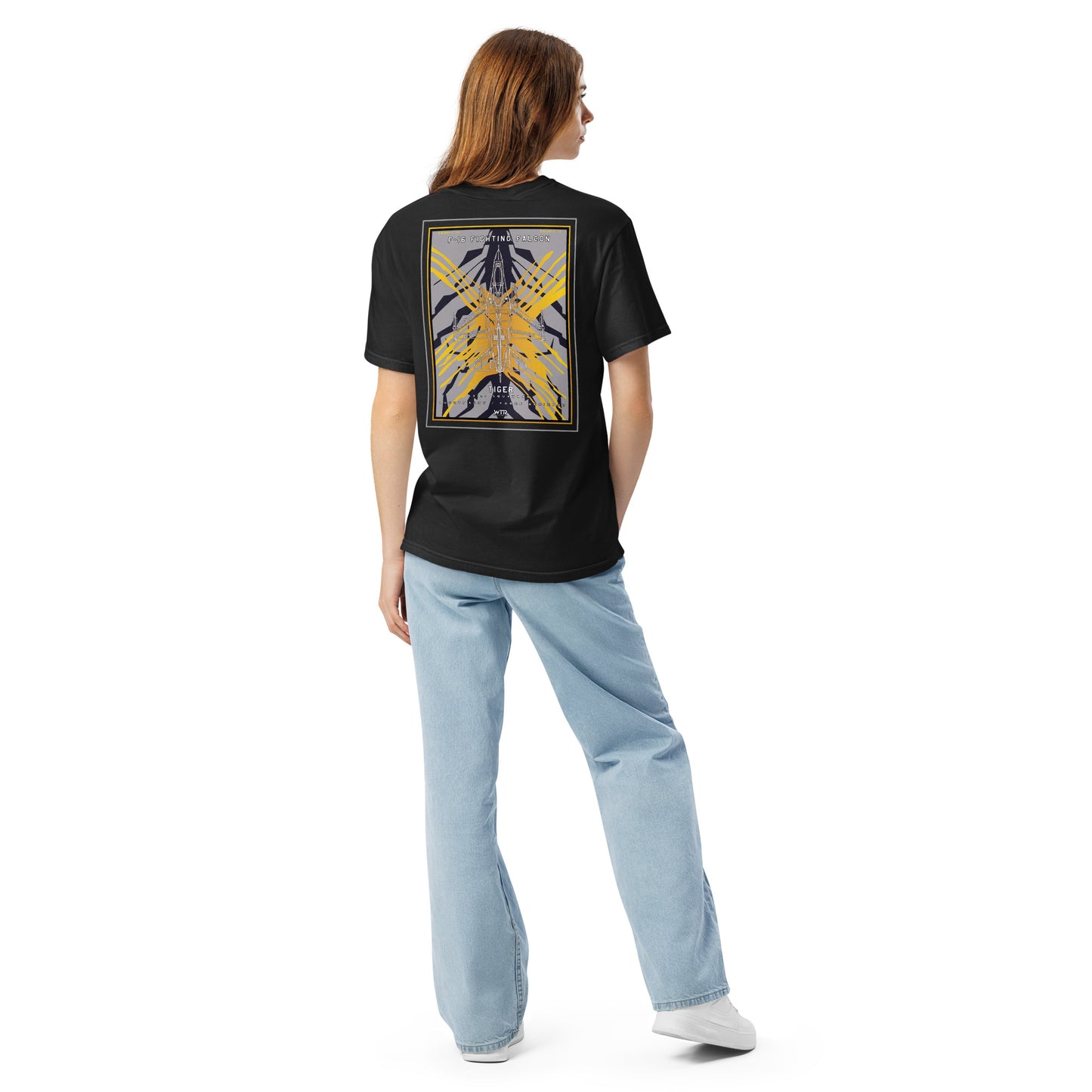 Hand-drawn schematic of the F-16 Fighting Falcon Belgian Air Force 31st X-Tiger camouflage on a standard t-shirt.