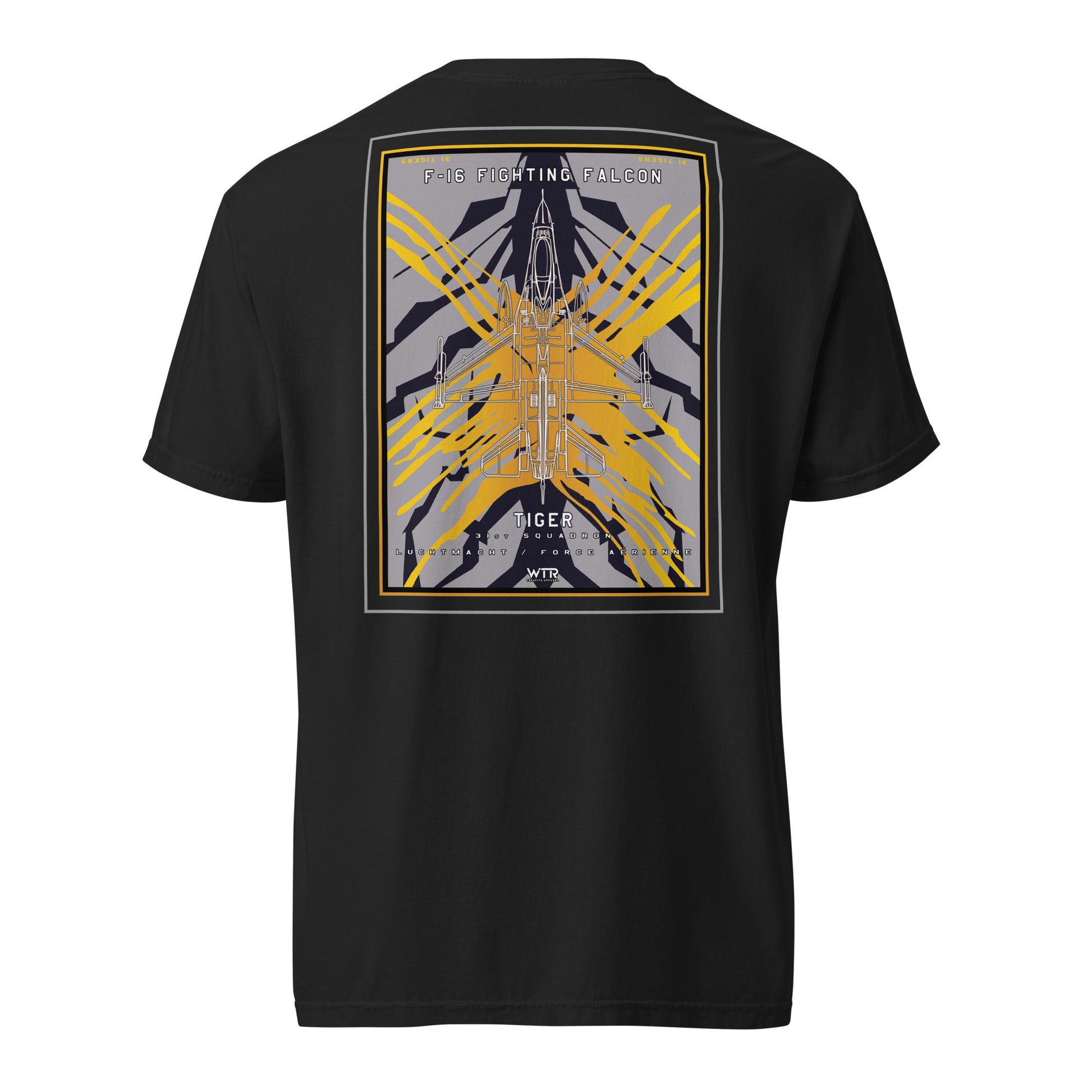 Hand-drawn schematic of the F-16 Fighting Falcon Belgian Air Force 31st X-Tiger camouflage on a standard t-shirt.