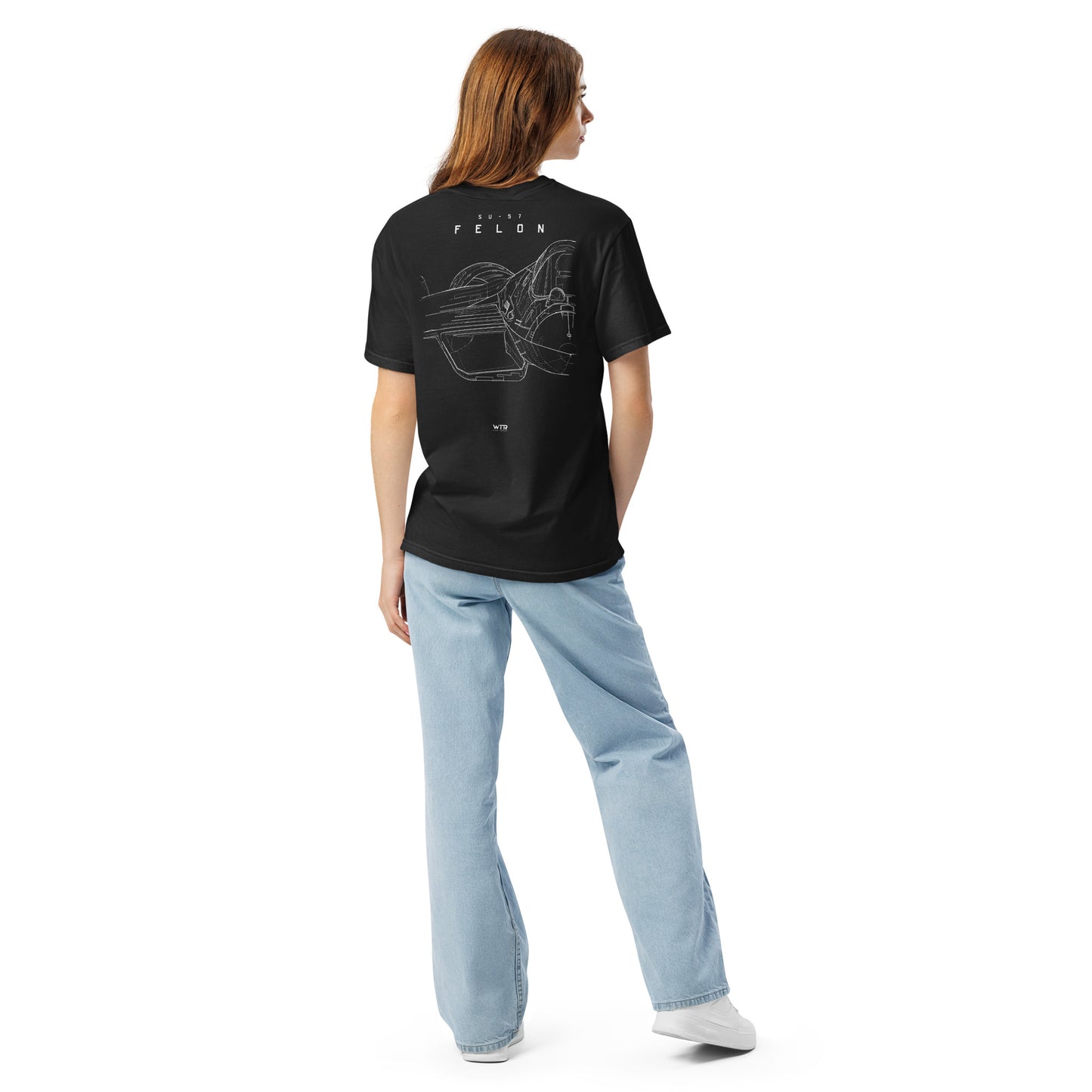 Hand-drawn front nose canopy study of the Sukhoi Su-57 Felon printed on a standard t-shirt.
