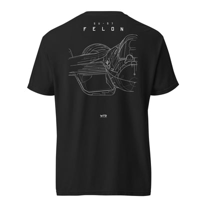 Hand-drawn front nose canopy study of the Sukhoi Su-57 Felon printed on a standard t-shirt.