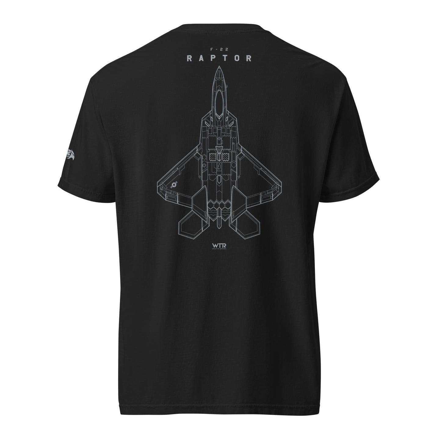 Hand-drawn full schematic of the Lockheed Martin F-22 Raptor printed on a standard t-shirt.
