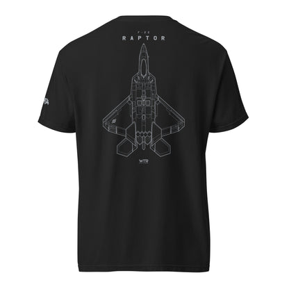 Hand-drawn full schematic of the Lockheed Martin F-22 Raptor printed on a standard t-shirt.