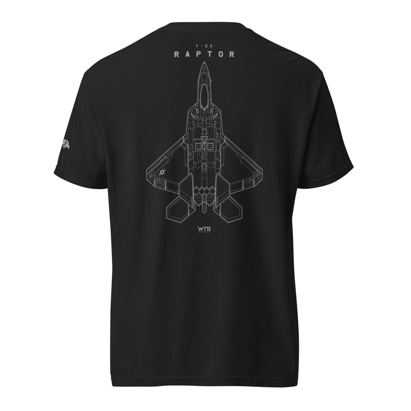 Hand-drawn full schematic of the Lockheed Martin F-22 Raptor printed on a standard t-shirt.