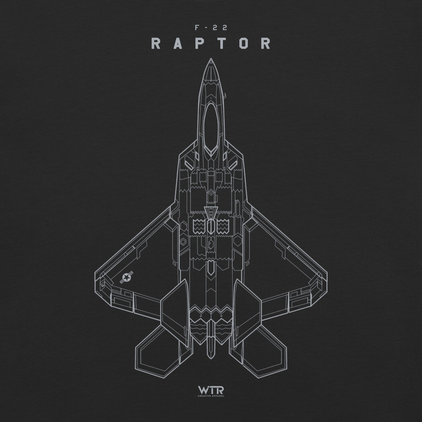 Hand-drawn full schematic of the Lockheed Martin F-22 Raptor printed on a standard t-shirt.