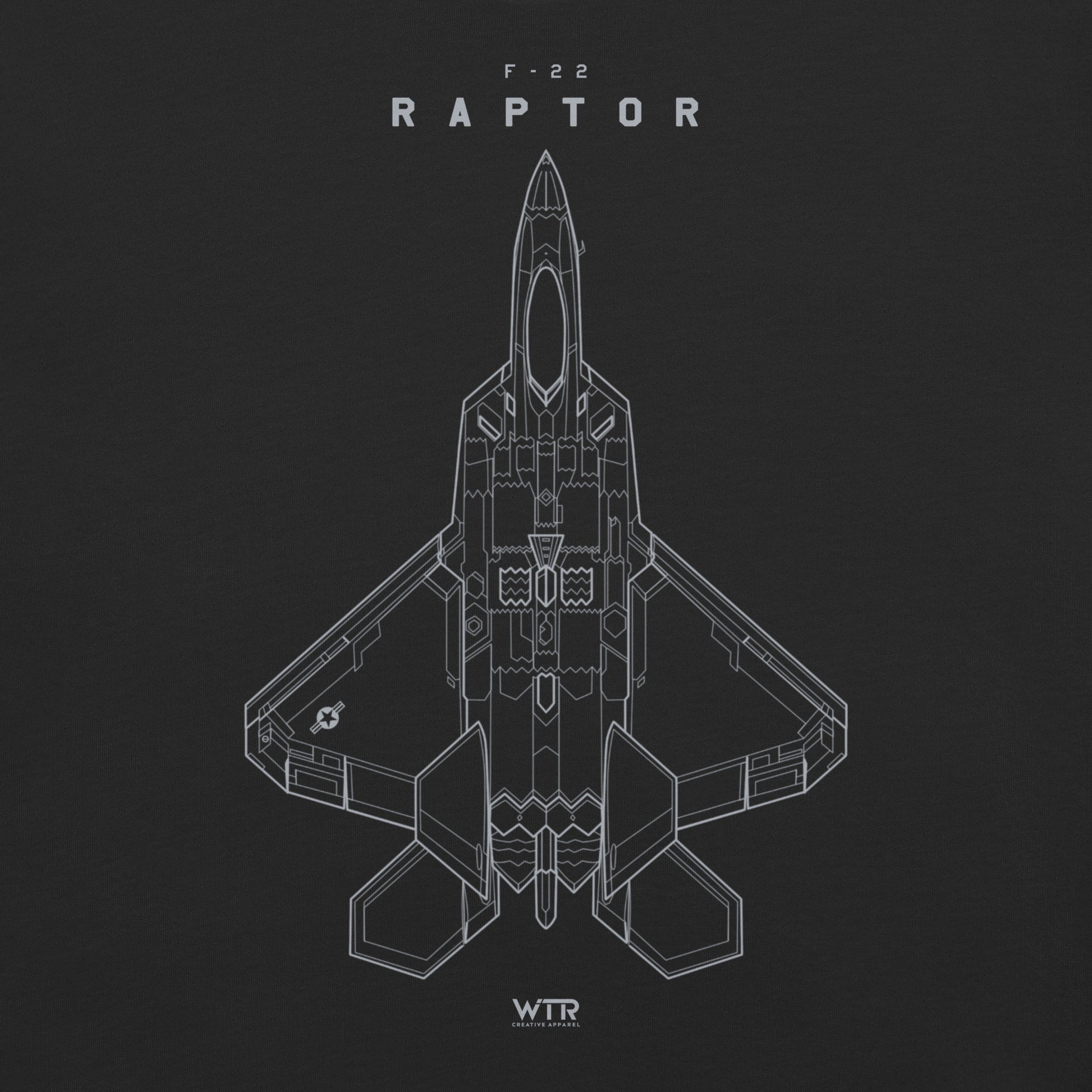 Hand-drawn full schematic of the Lockheed Martin F-22 Raptor printed on a standard t-shirt.