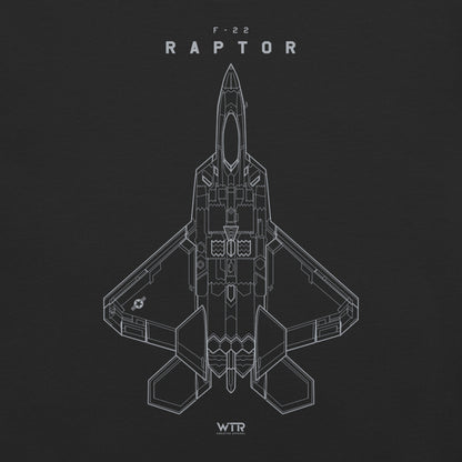 Hand-drawn full schematic of the Lockheed Martin F-22 Raptor printed on a standard t-shirt.